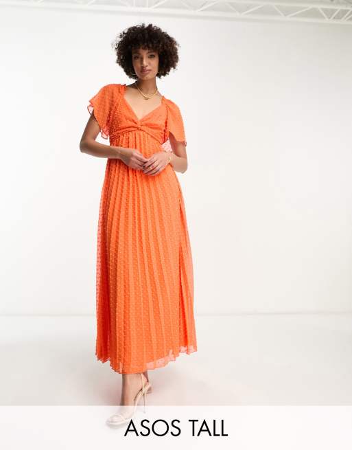 FhyzicsShops DESIGN Tall tie front angel sleeve dobby midi dress in hot coral