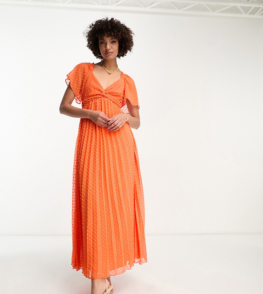 Asos Tall Asos Design Tall Tie Front Angel Sleeve Textured Midi Dress In Hot Coral-orange