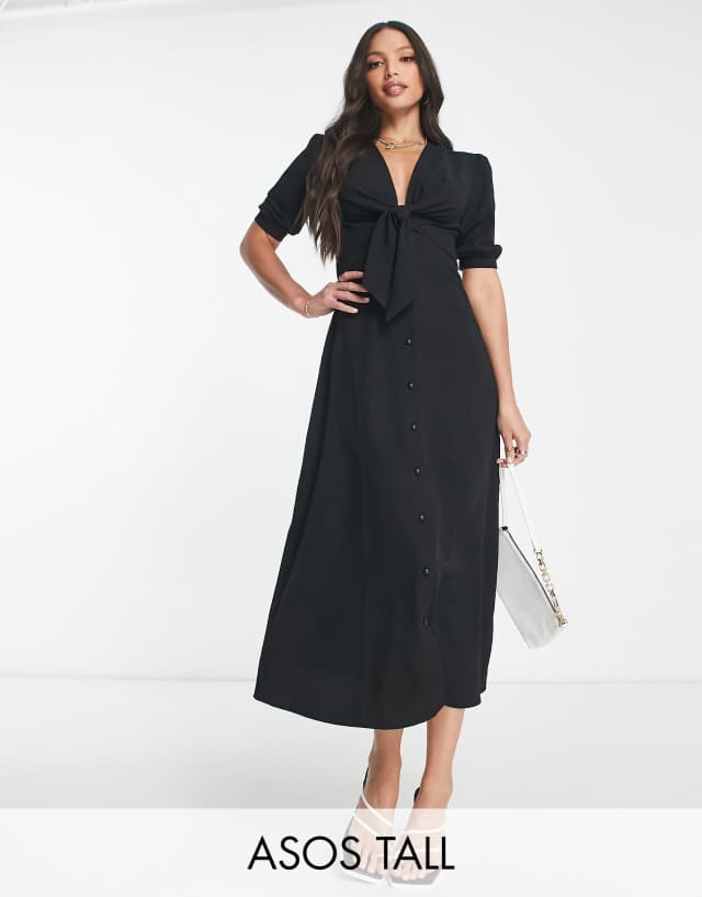 ASOS DESIGN Tall tie front button through midi dress in black