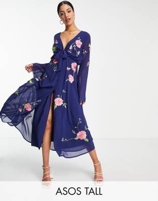 Asos Design Tall Tie Front Button Through Midi Dress With Floral Embroidery In Navy