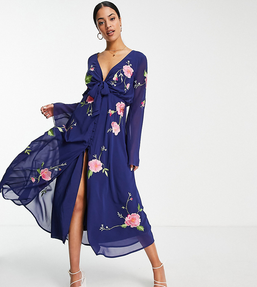 ASOS DESIGN Tall tie front button through midi dress with floral embroidery in navy