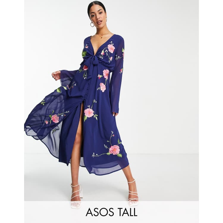 ASOS DESIGN Tall tie front button through midi dress with floral