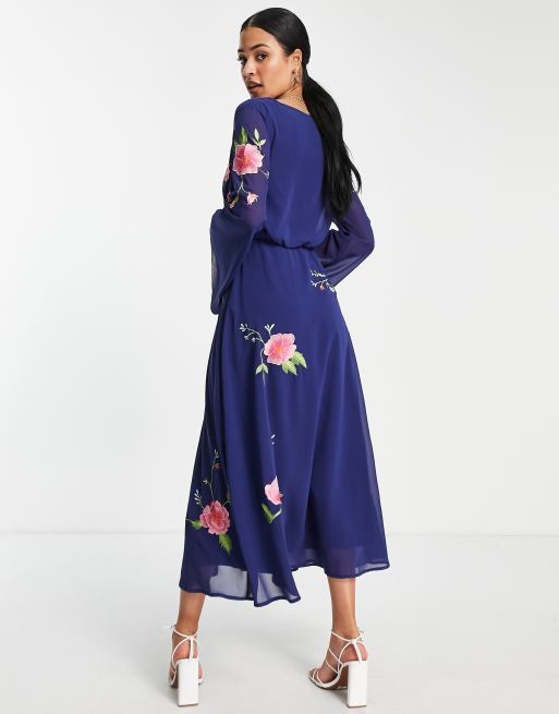 ASOS DESIGN Tall tie front button through midi dress with floral embroidery  in navy