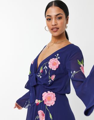 asos design midi dress with pretty floral and bird embroidery ASOS DESIGN Bridesmaid floral embroidered flutter sleeve midi dress with  embellishment in sage green