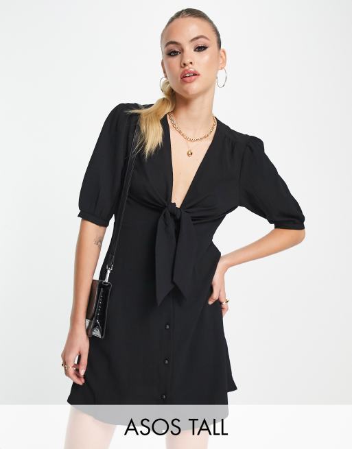 ASOS DESIGN Tall tie front button through mini dress in black