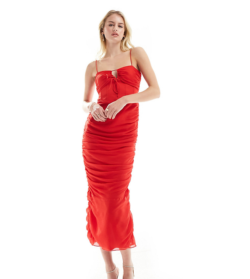 Asos Tall Asos Design Tall Tie Front Cami Midi Dress With Ruched Skirt In Red