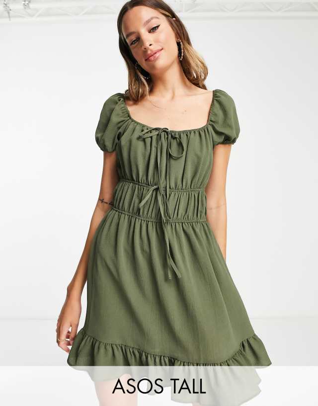 ASOS DESIGN Tall tie front short sleeve mini tea dress in khaki