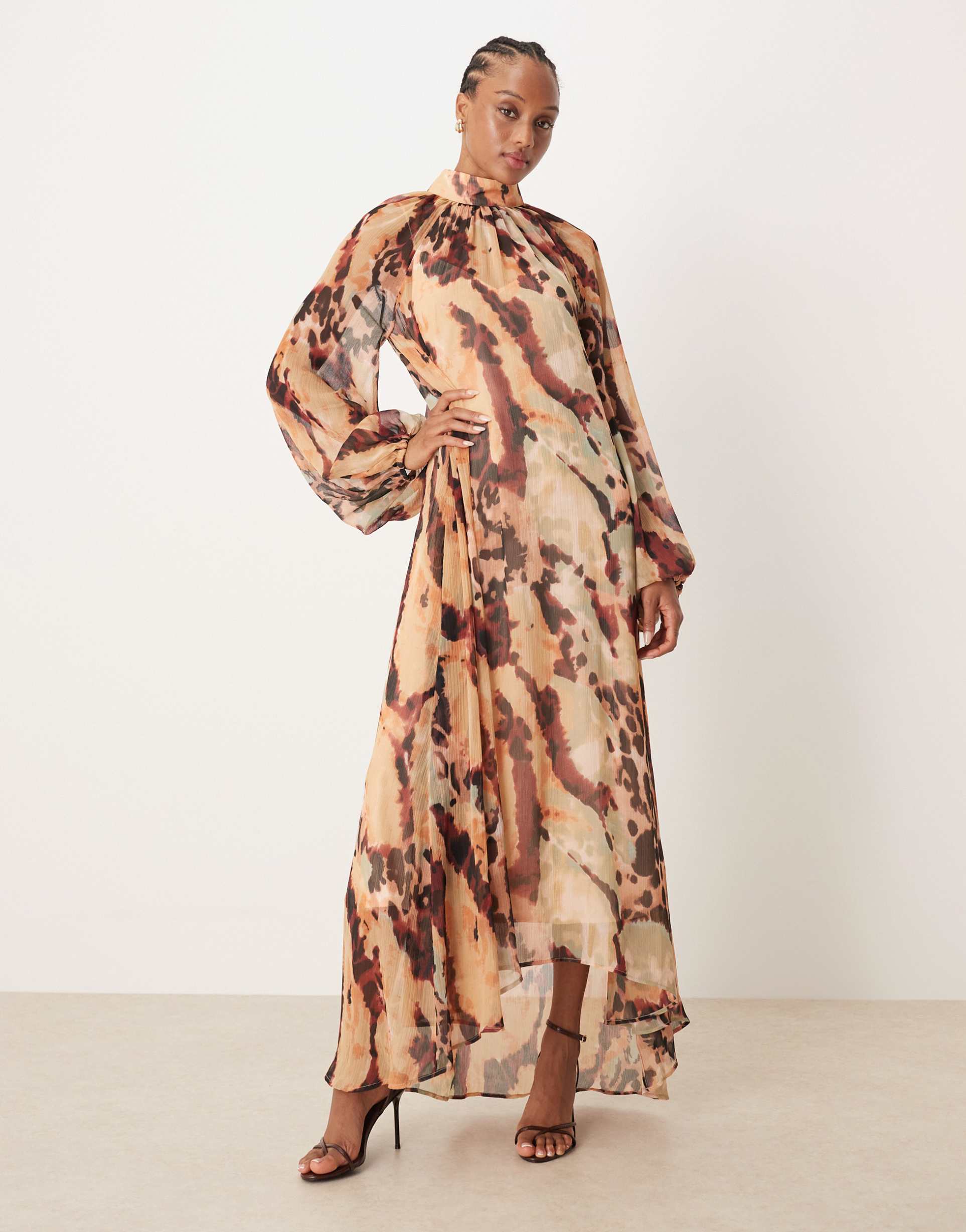 asos design tall tie neck maxi smock dress with high-low hem in brown animal abstract print