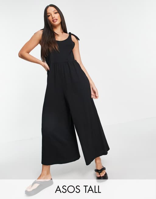 ASOS DESIGN tall tie shoulder smock jumpsuit in black