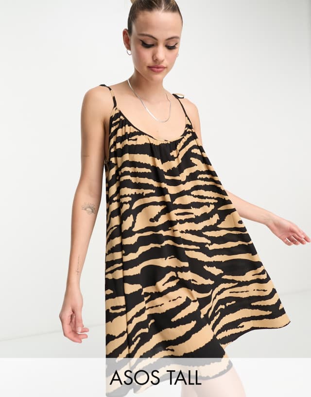 ASOS DESIGN Tall tie strap detail trapeze mini slip dress in animal print