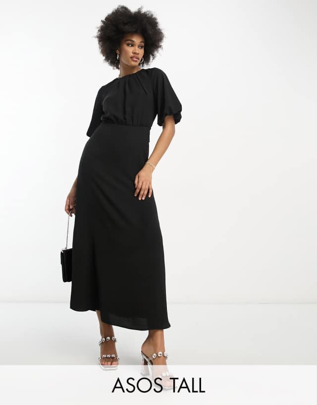 ASOS DESIGN Tall tie waist puff sleeve midi dress in black