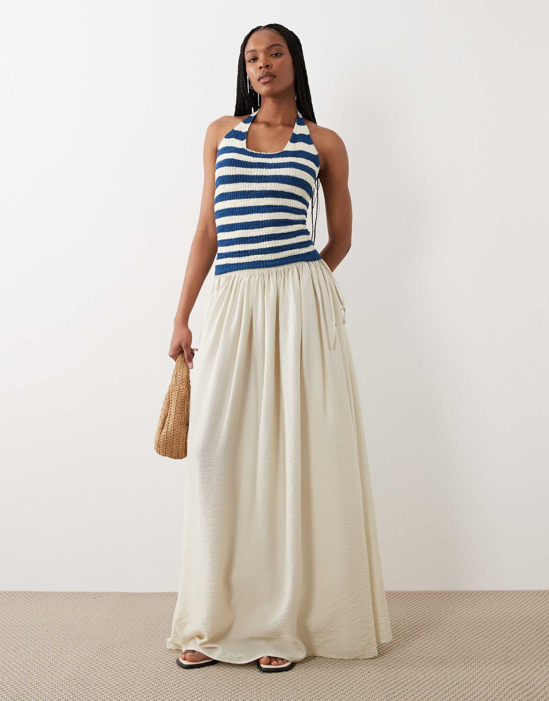 asos design tall tie waist soft crinkle maxi skirt in cream