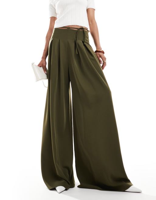 ASOS DESIGN Tall tie waist super wide leg tailored pants in khaki, 2 of 5