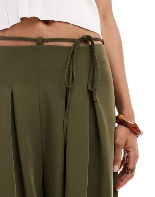 ASOS DESIGN Tall tie waist super wide leg tailored pants in khaki, 3 of 5