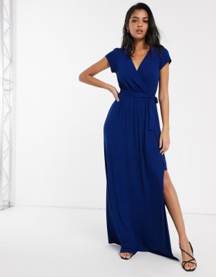 navy wrap front maxi dress