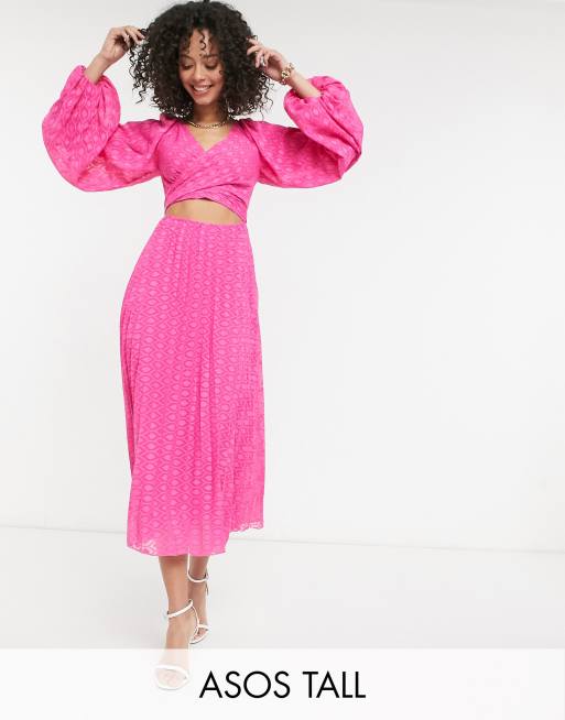ASOS DESIGN Tall tie wrap around pleated midi dress in dobby hot pink