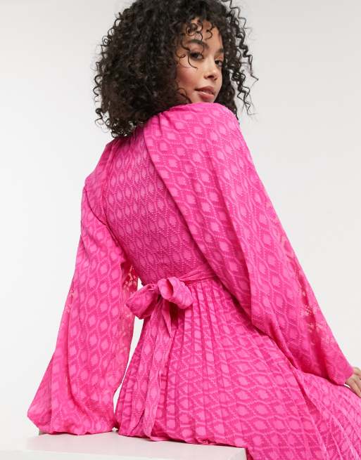 ASOS DESIGN Tall tie wrap around pleated midi dress in dobby in hot pink, 3 of 4
