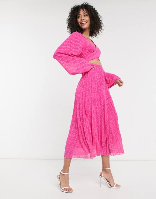 ASOS DESIGN Tall tie wrap around pleated midi dress in dobby in hot pink