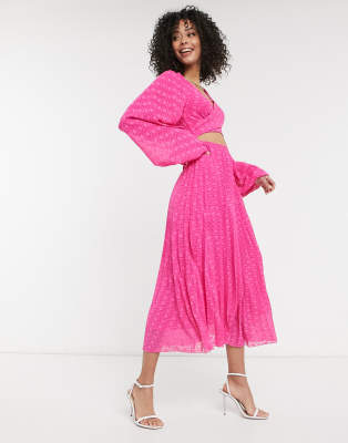 ASOS DESIGN Tall tie wrap-around pleated midi dress in texture in hot pink  | ASOS