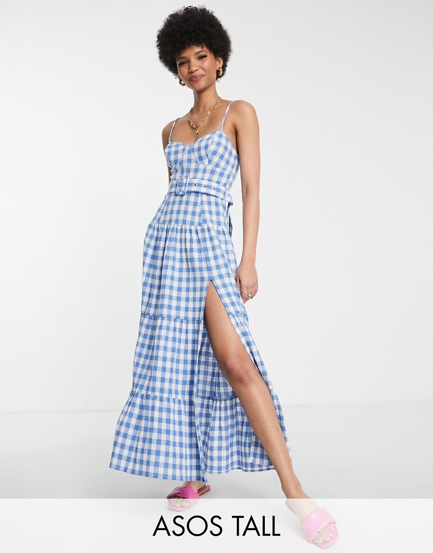 ASOS Tall ASOS DESIGN Tall tiered belted maxi sundress in blue gingham-Multi