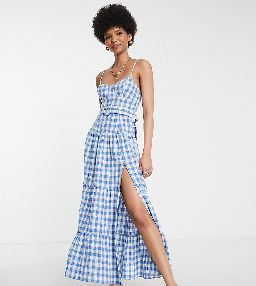 ASOS DESIGN Tall tiered belted maxi sundress in blue gingham-Multi