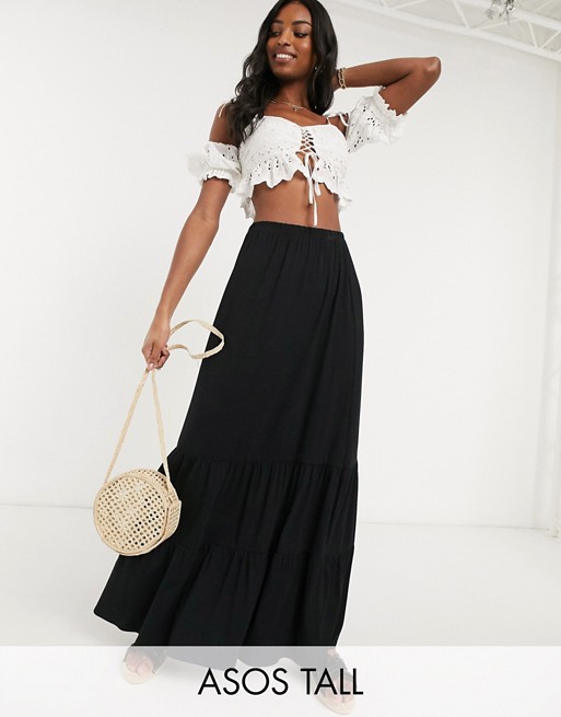 ASOS DESIGN Tall tiered maxi skirt in black