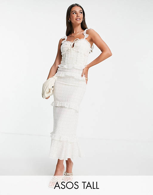 Dresses Tall tiered midi dress with ruffle detail and ruched bodice 