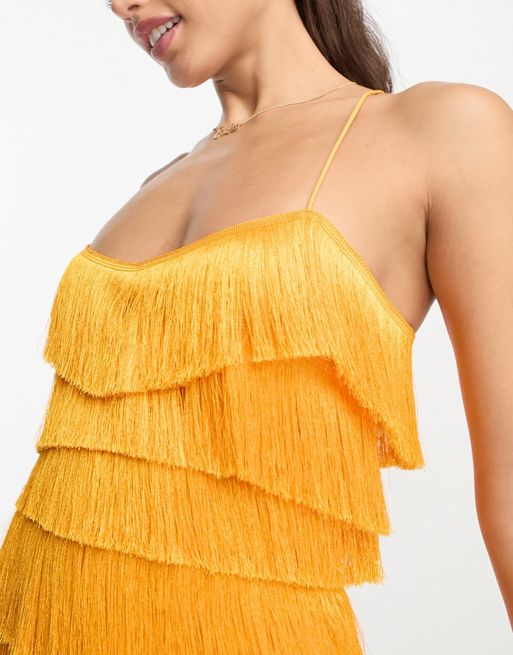 ASOS DESIGN tiered midi fringed dress with cross back detail in gold