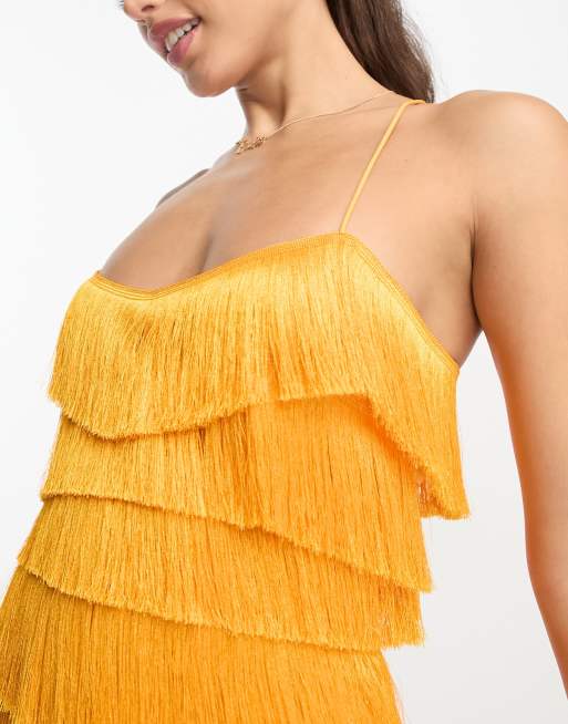 Asos yellow cheap fringe dress