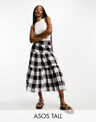 ASOS DESIGN Tall tiered midi skirt in jumbo mono gingham  - ASOS Price Checker