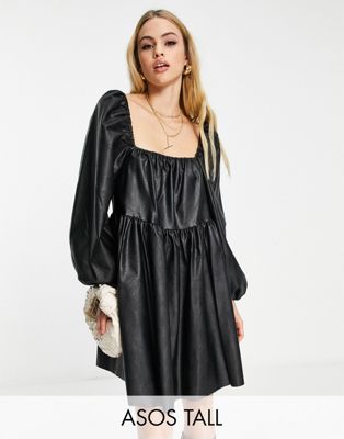 Asos Tall Asos Design Tall Tiered Pu Mini Smock Dress With Blouson Sleeve In Black