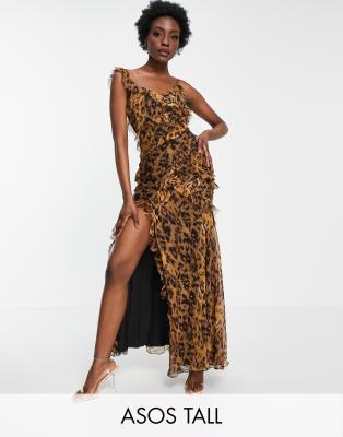 ASOS DESIGN Tall tiered ruffle detail maxi dress with tie back and button side in leopard print-Pink