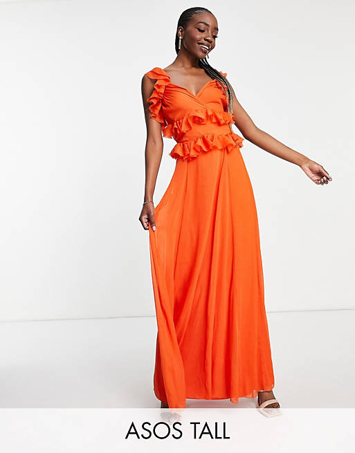  Tall tiered ruffle maxi dress with tie back in orange 