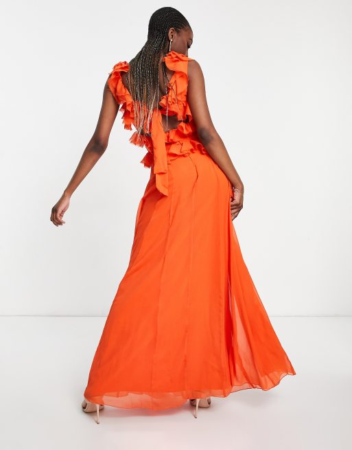 ASOS DESIGN tiered ruffle maxi dress with tie back in vintage