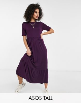 ASOS DESIGN Tall tiered smock t-shirt midi dress in dark purple