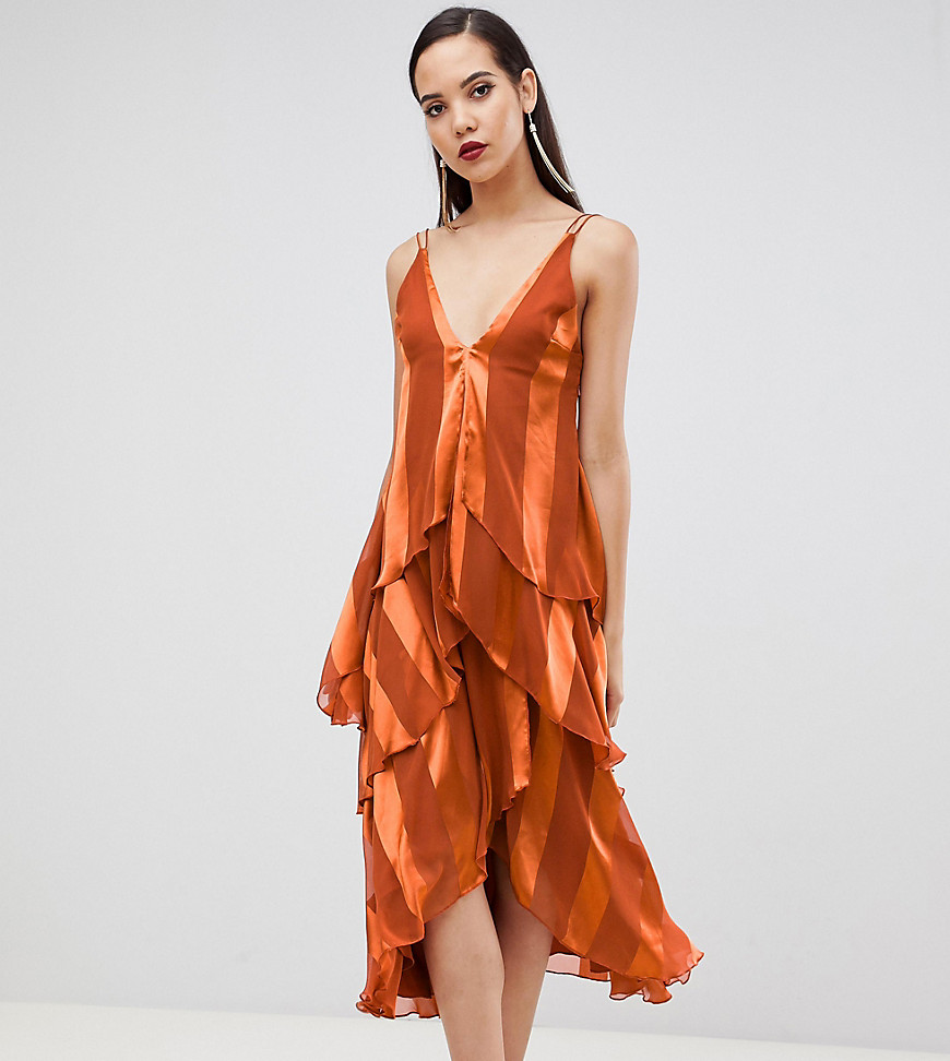ASOS DESIGN Tall tiered trapeze midaxi dress in soft and solid stripe-Orange