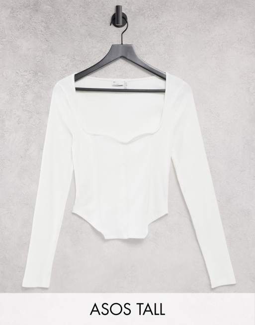 ASOS DESIGN Tall - Top a corsetto aderente, a coste e con colletto molto ampio color écru