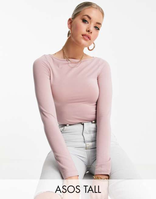 ASOS DESIGN Tall - Top a maniche lunghe con scollo a barchetta rosa