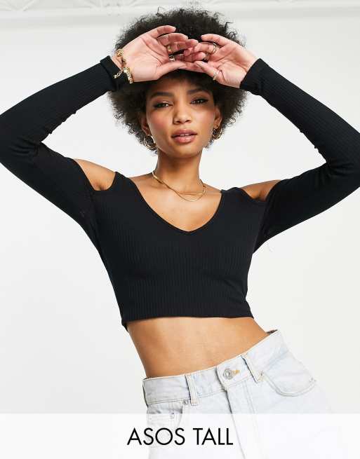 ASOS DESIGN Tall - Top a maniche lunghe con scollo a V sul davanti e sul retro nero