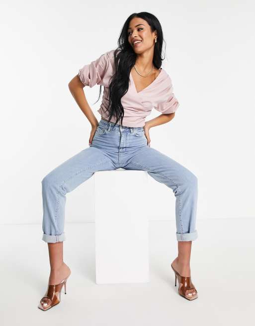 ASOS DESIGN Tall - Top a portafoglio in cotone stampato rosa con spalle scese e maniche voluminose, 4 di 4