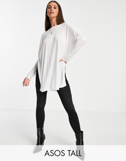 ASOS DESIGN Tall top in clean rib with side slits and long sleeves in white