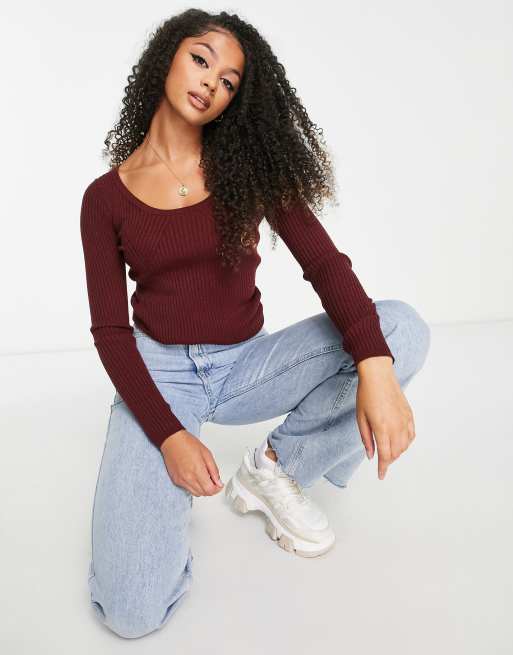 ASOS DESIGN Tall - Top in maglia rosso scuro con scollo rotondo e corpetto a coste, 3 di 4
