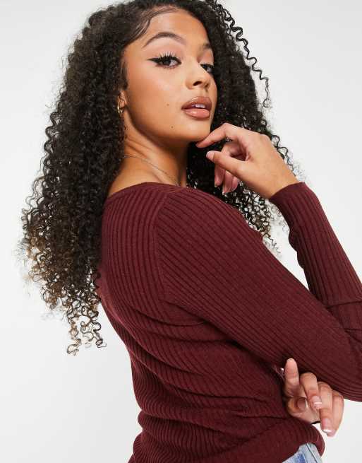 ASOS DESIGN Tall - Top in maglia rosso scuro con scollo rotondo e corpetto a coste, 4 di 4