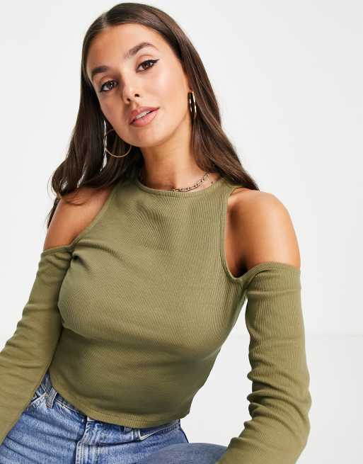 ASOS DESIGN Tall - Top manches longues à épaules dénudées - Kaki, 2 de 4