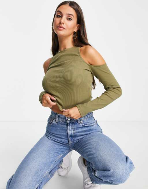 ASOS DESIGN Tall - Top met lange mouwen en blote schouders in kaki, 3 van 4
