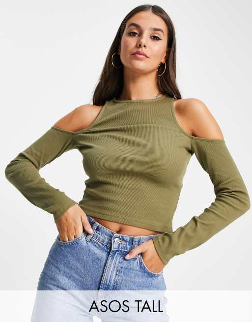 ASOS DESIGN Tall – Top w kolorze khaki z długimi rękawami i odsłoniętymi ramionami