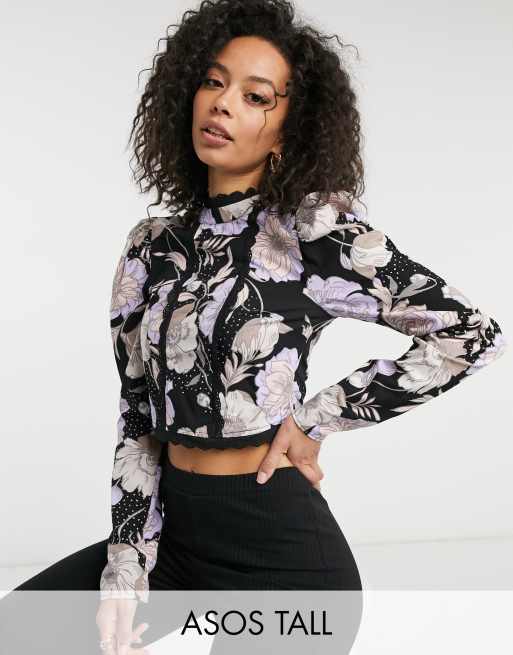ASOS DESIGN Tall – Top ze stójką, koronką i wzorem w kwiaty