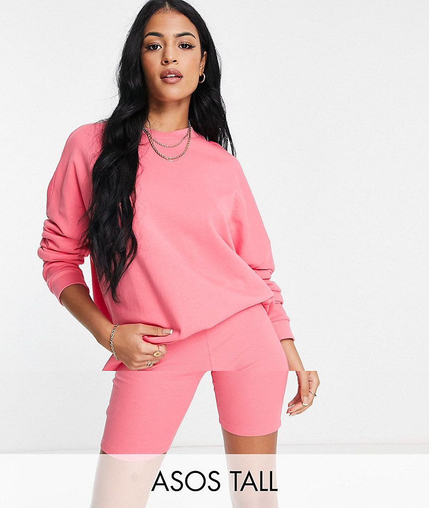 ASOS DESIGN Tall tracksuit oversized sweatshirt / ribbed legging shorts in coral-Blues