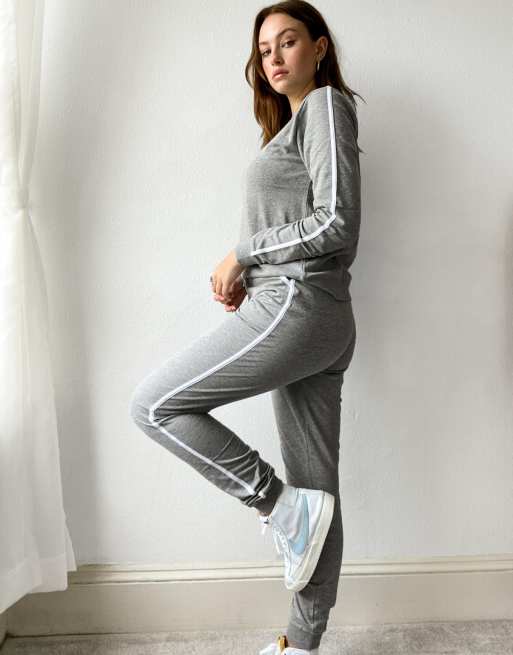 ASOS DESIGN Tall tracksuit sweat basic jogger with contrast binding in cotton in grey marl GREY