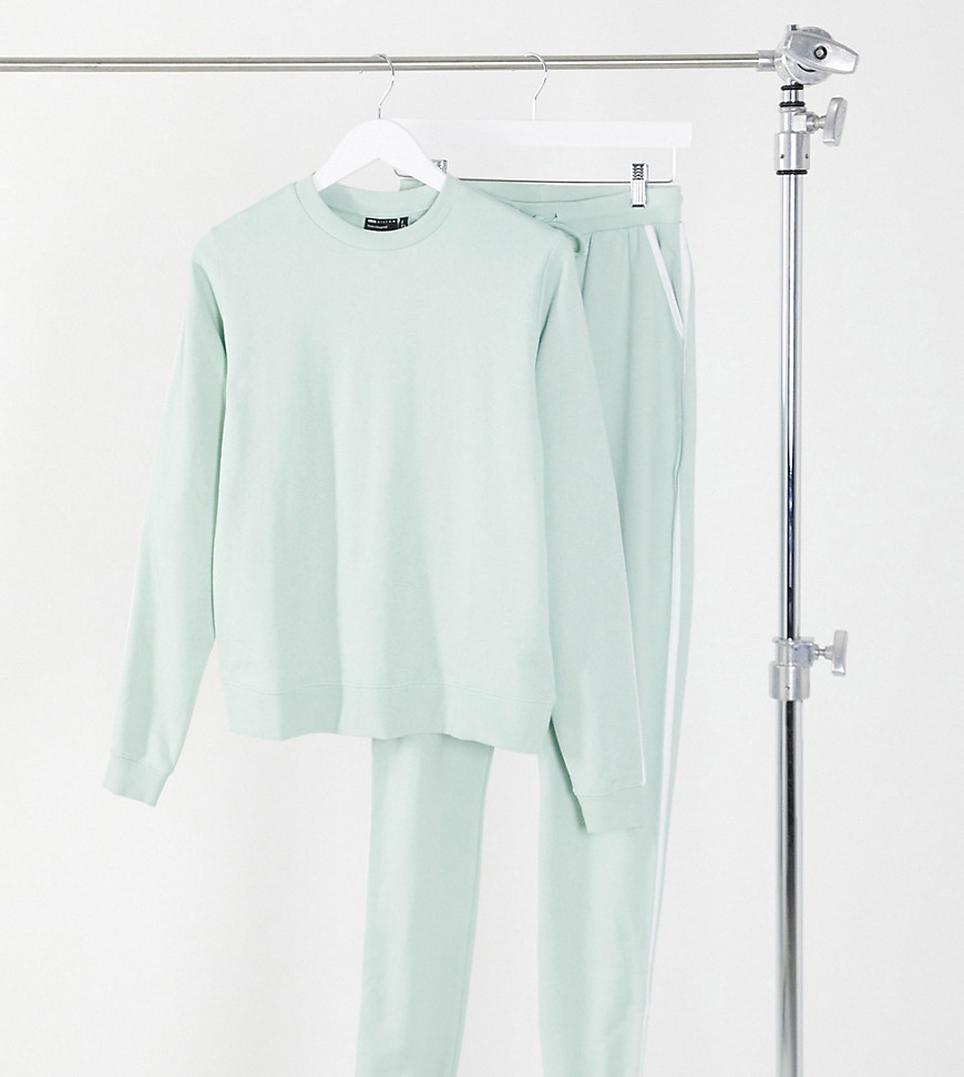 ASOS DESIGN Tall tracksuit sweatshirt / basic sweatpants with contrast binding in organic cotton in sage green-Black